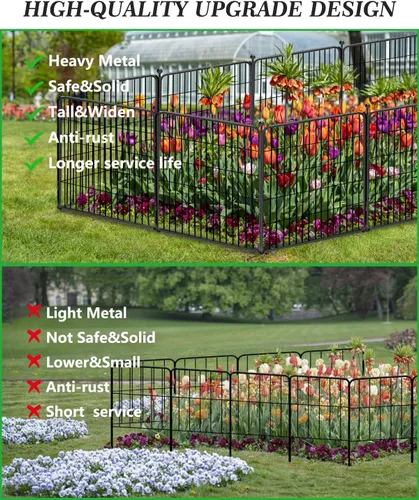 Miniatura 7 de Valla decorativa de metal negro para jardín con puerta, 4.5 pies de largo x 32 pulgadas de alto, 2 paneles de valla sin excavación, valla de barrera