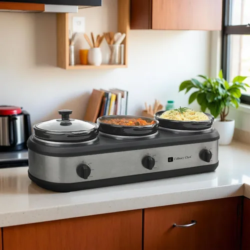 Miniatura 10 de CULINARY CHEF, triple olla de cocción lenta, servidor de buffet de 2.5 cuartos x 3 ollas, calentador de alimentos - Acero inoxidable