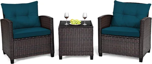 Miniatura 21 de Tangkula Juego de muebles de patio de 3 piezas, mimbre de ratán PE, juego de sofá de 3 piezas para exteriores con cojín lavable y superficie de mesa