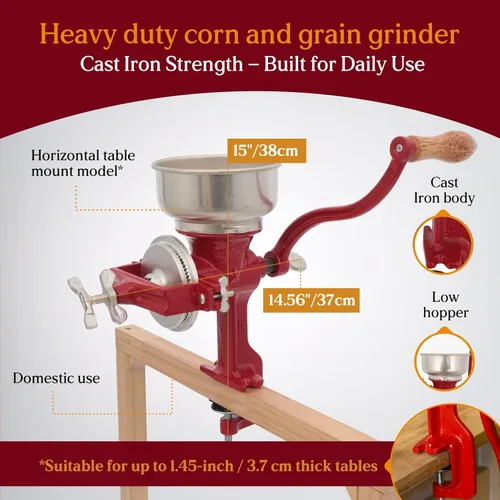 Miniatura 3 de Estrella Molinillo Manual de Grano de Maíz de Hierro Fundido con Manivela de 14" de Alto y Tolva de 5