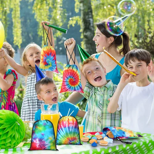Miniatura 7 de 24 bolsas de 7 x 5 pulgadas con cordón de teñido anudado, bolsas reutilizables de poliéster coloridas para dulces para suministros de fiesta