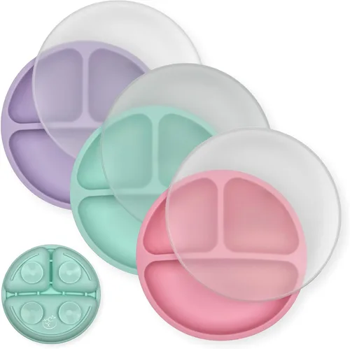 Hippypotamus Placas de succión con tapas para bebés y niños pequeños, 100% silicona de grado alimenticio, aptas para microondas y lavavajillas, Rosa