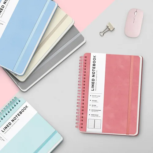Miniatura 6 de Cuaderno de diario con líneas en espiral, cuaderno A5 de cuero de tapa dura para el trabajo, 5.7''×8.2'', papel grueso de 100GSM encuadernado
