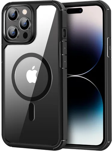 TENDLIN Funda magnética compatible con iPhone 14 Pro Max [compatible con MagSafe] funda protectora transparente de parte trasera dura suave (negro)