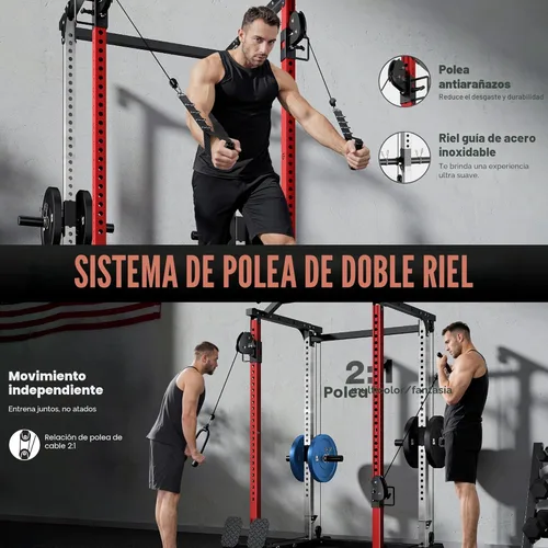 Miniatura 2 de DP01 - Jaula de potencia, estante para sentadillas de 2000 libras con cable cruzado y sistema de polea doble independiente, jaula completa para Rojo