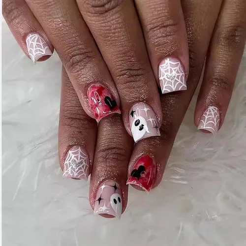 Uñas postizas a presión para Halloween, cuadradas, cortas, color rosa, con diseños de telaraña, fantasma, corazón, brillantina, pegamento brillante,