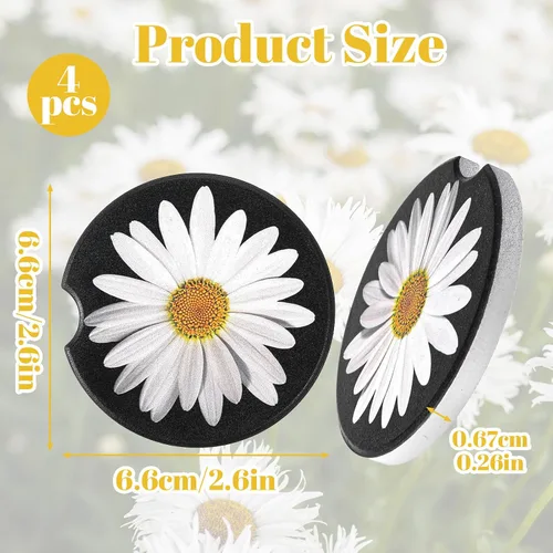 Miniatura 2 de 4 piezas de posavasos de automóvil con diseño de margaritas para portavasos, universales antideslizantes y absorbentes, lindos posavasos de cerámica