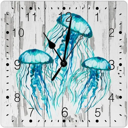Miniatura 7 de Reloj de pared silencioso sin tictac con temática de playa, océano, colorido, tortuga marina, reloj de pared cuadrado estilo rural costero toscano