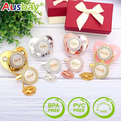Miniatura 4 de Juego de chupete personalizado con nombre, sin BPA, dorado, plateado, rosa, oro rosa, lujoso, regalo ideal para recién nacidos (plateado)