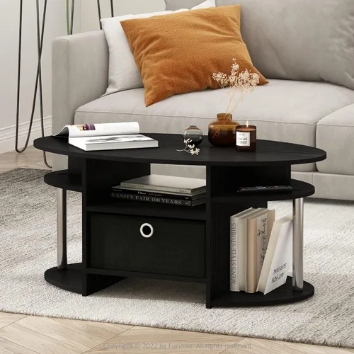 Miniatura 2 de Furinno Jaya Mesa de Centro Ovalada de Diseño Simple con Contenedor para Sala de Estar, Americano/Cromo/Negro