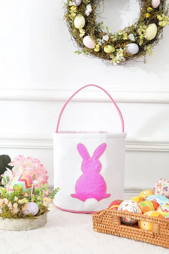Miniatura 3 de Cestas de Pascua para niños – Cestas de caza de huevos de Pascua para niños y niñas, bonita cesta de regalo de lona impresa de conejo de lentejuelas