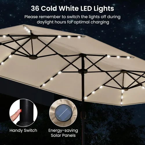 Miniatura 5 de Tangkula Sombrilla solar de doble cara de 13 pies para patio, sombrilla individual extragrande para exteriores con 36 luces LED, parte superior Beige