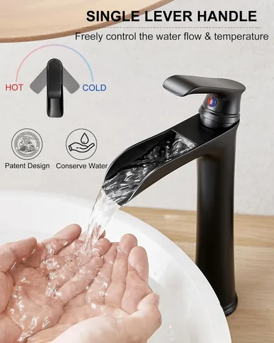 Miniatura 3 de Grifo de Lavabo de Baño Cascada, Grifo de Baño Alto de Latón Negro de Una Sola Manija para Lavabo, Grifos de Baño de Un Orificio Mezclador Grifo