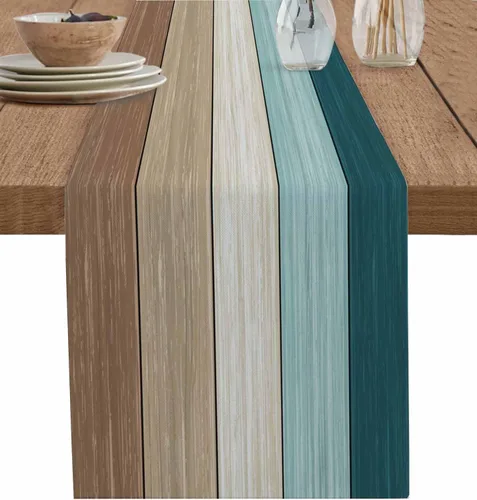 Miniatura 26 de Ocean Hues Farmhouse - Camino de mesa de lino y algodón, estilo retro, con textura de madera de granero rústica, degradado, azul, gris, Azul