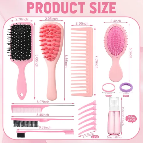 Miniatura 4 de ProSuites Juego de 76 cepillos de pelo rosa para bebés y niñas, cepillo de cuero cabelludo con asa, cepillo desenredante para el cabello, botella