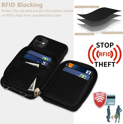 Miniatura 6 de Funda para iPhone 11 de 6.1 pulgadas, cartera cruzada con cremallera y ranuras para tarjetas de bloqueo RFID, soporte de soporte, cordón desmontable