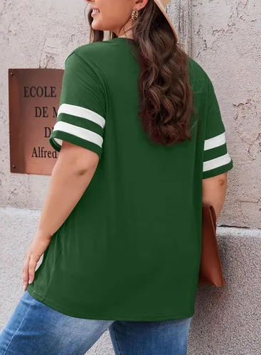 Miniatura 90 de Eytino Blusas de talla grande para mujer, cuello en V, manga corta, a rayas, casual, holgada, con bolsillo (1X-5X)