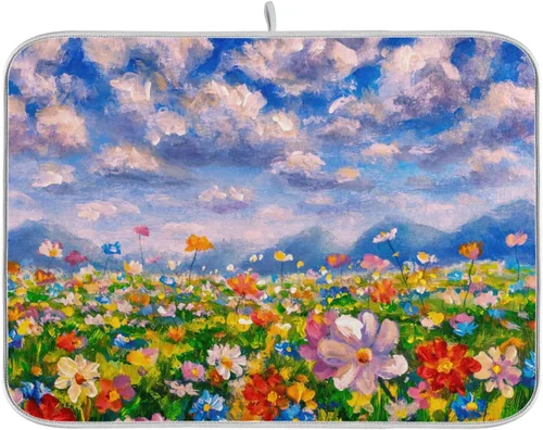 Miniatura 24 de Tapete de secado de platos de flores de fondo negro para encimera de cocina de 18 x 24 pulgadas, tapete de microfibra absorbente, tapete de secado