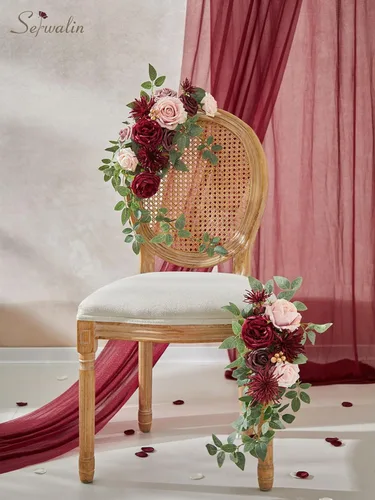 Miniatura 3 de Serwalin Flores de seda, flores artificiales burdeos para decoración de boda, rosas falsas rosas rosas y rojas con tallos y caja de vegetación, A