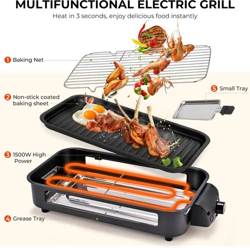 Miniatura 4 de Pukomc Parrilla Eléctrica de Interior, 2 en 1 para Cocina con Rejilla para Asar y Placa de Cocina Antiadherente Extraíble, Control de Temperatura