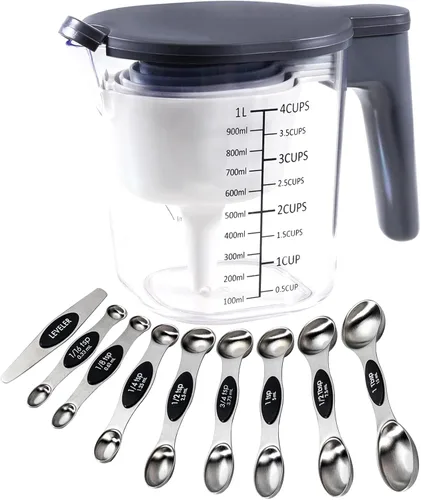 Juego de 19 piezas de tazas medidoras y cucharas, incluye 10 tazas medidoras apilables con tapa y 9 cucharas medidoras magnéticas, cucharada para 19