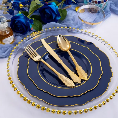 Miniatura 8 de Liacere 350 platos de plástico azul marino, platos desechables de color azul dorado, vajilla de plástico para 50 invitados, incluye 100 platos, 50