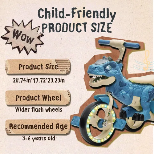 Miniatura 2 de Triciclo de dinosaurio para niños, triciclo para niños pequeños, rueda grande con ruedas anchas de EVA flash, pedales antideslizantes, cesta de Azul