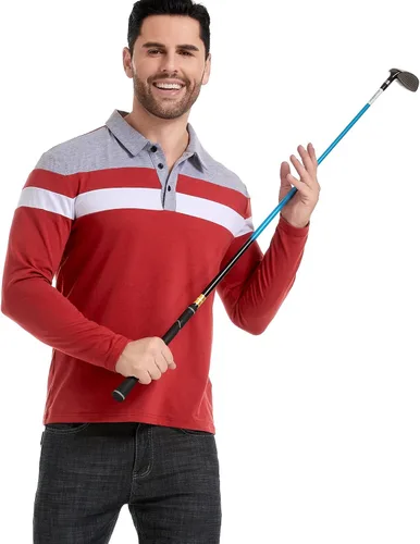 Miniatura 5 de NAVEKULL Camisas polo de manga larga para hombre, camisa casual de algodón, ajustada, camisa con cuello de retazos