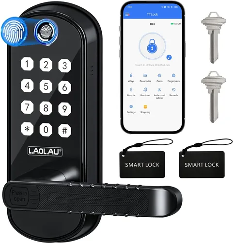 B04 - Cerradura electrónica de puerta con teclado y asa, cerradura de puerta inteligente de entrada sin llave, control remoto por aplicación, Negro
