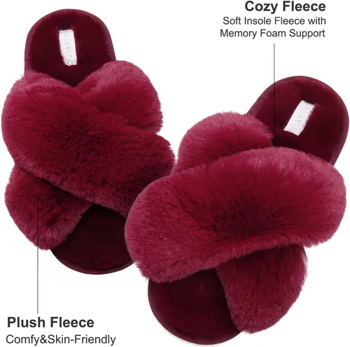 Miniatura 2 de JIASUQI - Pantuflas cruzadas mullidas y peludas con punta abierta para mujer, con acolchado de espuma viscoelástica