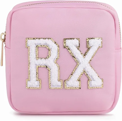 Miniatura 8 de uekeboag Bolsa Cosmética Personalizada Pequeña de Nylon, Linda Bolsa de Medicamentos con Parche de Letras de Chenilla y Cremallera, Bolsa de Viaje