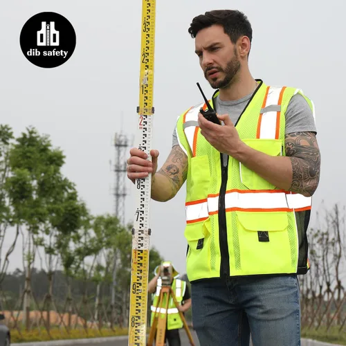 Miniatura 6 de Dib Safety - Chaleco reflectante amarillo de malla, chaleco de alta visibilidad con bolsillos y cremallera, ANSI clase 2 de servicio pesado, hecho