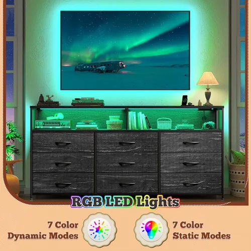 Miniatura 6 de Romorgniz Cómoda de 55 pulgadas de ancho para dormitorio con 9 cajones, soporte de TV LED con tomas de corriente para TV de 45, 55, 65 pulgadas