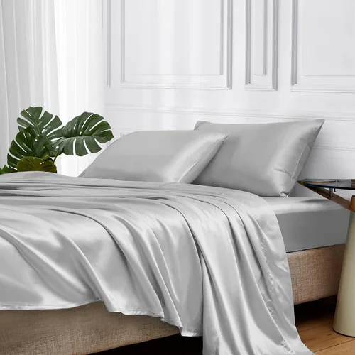 Miniatura 79 de MR&HM Sábanas de satén para cama de tamaño King, juego de 4 piezas de ropa de cama sedosa con bolsillo profundo de 15 pulgadas para colchón