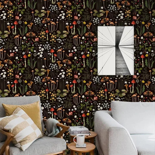 Miniatura 2 de Papel de contacto Boho negro de despegar y pegar con diseño de setas/caracoles/flores silvestres/mariposas, papel pintado extraíble decorativo