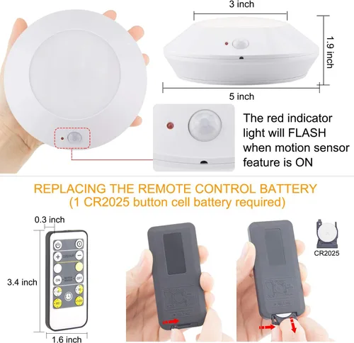 Miniatura 6 de HONWELL Lámpara de techo LED a pilas, luz de techo con sensor de movimiento, luz de ducha inalámbrica con control remoto RF de 80 pies a través
