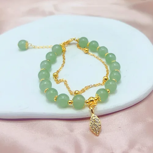 Miniatura 9 de CJIAYUJEW Hotan - Pulsera de hoja de jade natural de 2 capas de nefrita verde para mujer, diseño de cuentas redondas con dije de hoja de circón