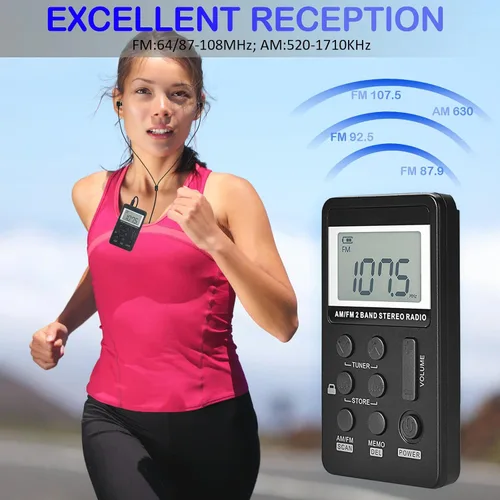 Miniatura 2 de Radio de bolsillo portátil AM/FM con pantalla LCD de sintonización digital, mini radio recargable SWDSTP con auriculares estéreo y clip de cinturón