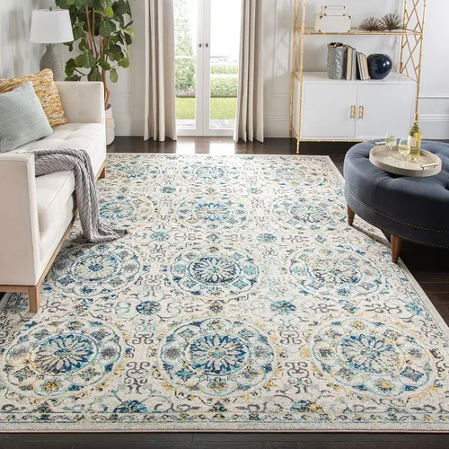 SAFAVIEH Evoke Collection - Alfombra de 8 x 10 pulgadas, grande, color marfil y azul, diseño bohemio, no desprende pelusa y es fácil de limpiar,