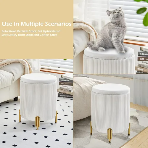 Miniatura 6 de Otomana Redonda Reposapiés con Almacenamiento y Patas de Metal para Sala de Estar y Dormitorio, Reposapiés Tapizado de Terciopelo Soporta 300 libras