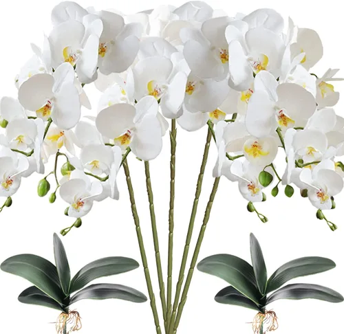 Miniatura 12 de HinyoCo 5 piezas de orquídeas artificiales y 2 paquetes de hojas, flores artificiales de Phalaenopsis de 32 pulgadas para decoración del hogar