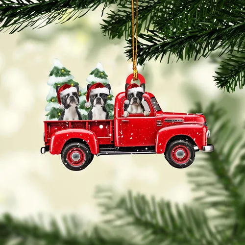 Talataca Boston Terrier con camión rojo de Navidad, árbol de pino, regalo 2D plano para espejo retrovisor, accesorios para el árbol de Navidad,