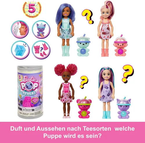 Miniatura 5 de Barbie Chelsea Pop Reveal Bubble Tea Series Set con paquete temático y 5 sorpresas, incluyendo muñeca pequeña perfumada y mascota Pop-It