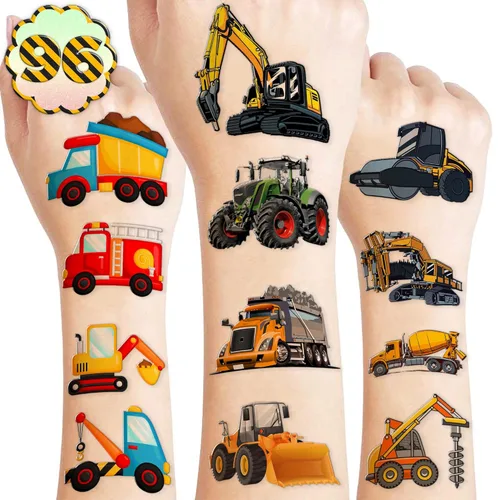 Tatuajes temporales de construcción, suministros de fiesta de cumpleaños, decoraciones de 96 piezas de tatuajes, calcomanías de excavadora de