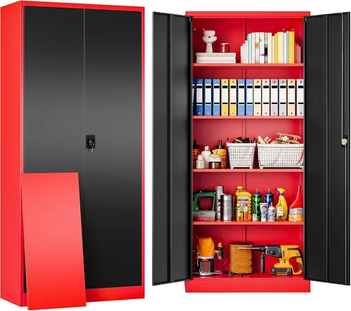Miniatura 31 de SISESOL Armario de almacenamiento de metal con cajón y cerradura, gabinete de almacenamiento de metal negro con puertas de bloqueo y estantes