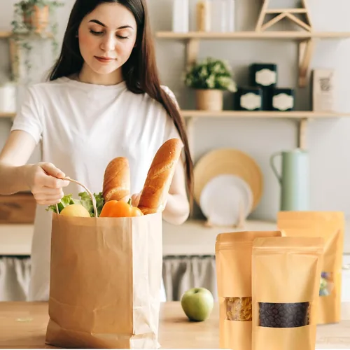 Miniatura 5 de Ctosree 300 bolsas de papel kraft con ventana de 5 x 8 pulgadas, bolsas de papel resellables con cremallera para almacenamiento de alimentos, bolsas