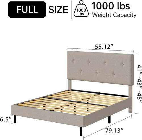 Miniatura 2 de Marco de cama de lino de tamaño matrimonial, marco de cama tapizado con cabecera ajustable, soporte de listones de madera, no necesita somier, fácil