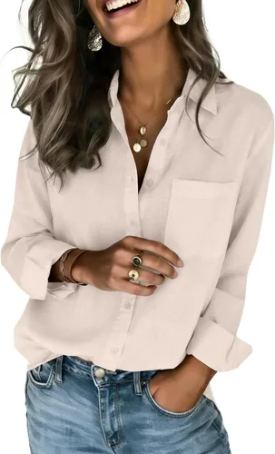 Miniatura 26 de Zeagoo - Blusas de lino con botones para mujer, de gasa, algodón, manga larga, blusas informales con cuello, corte holgado