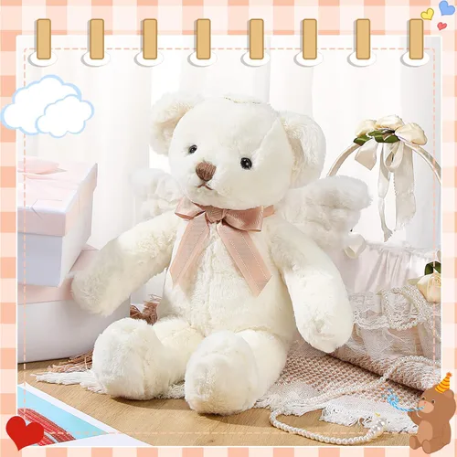 Miniatura 2 de Sratte Oso de ángel de peluche de 16 pulgadas con alas y lazo suave y lindo juguete de peluche para niños y niñas, cumpleaños, baby shower, bautizo