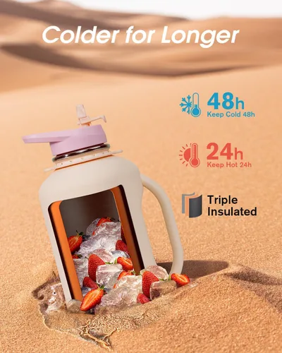 Miniatura 3 de Coolflask - Botella de agua aislada de 64 onzas, jarra de agua de medio galón con asa, popote de acero inoxidable, doble pared, de metal al vacío